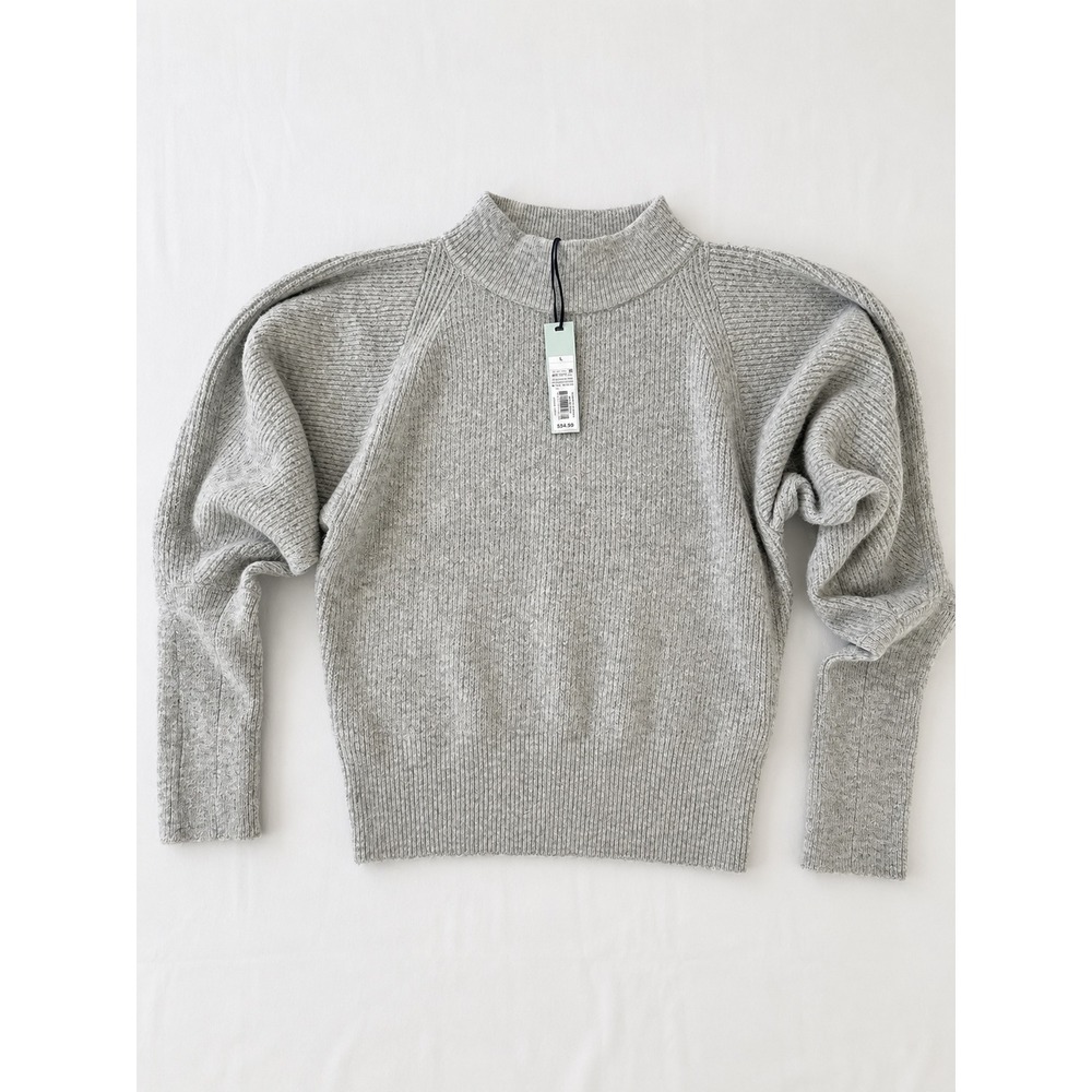 NWT Prologue Gray Mock Neck Puff Sleeve Ribbed Knit Sweater L